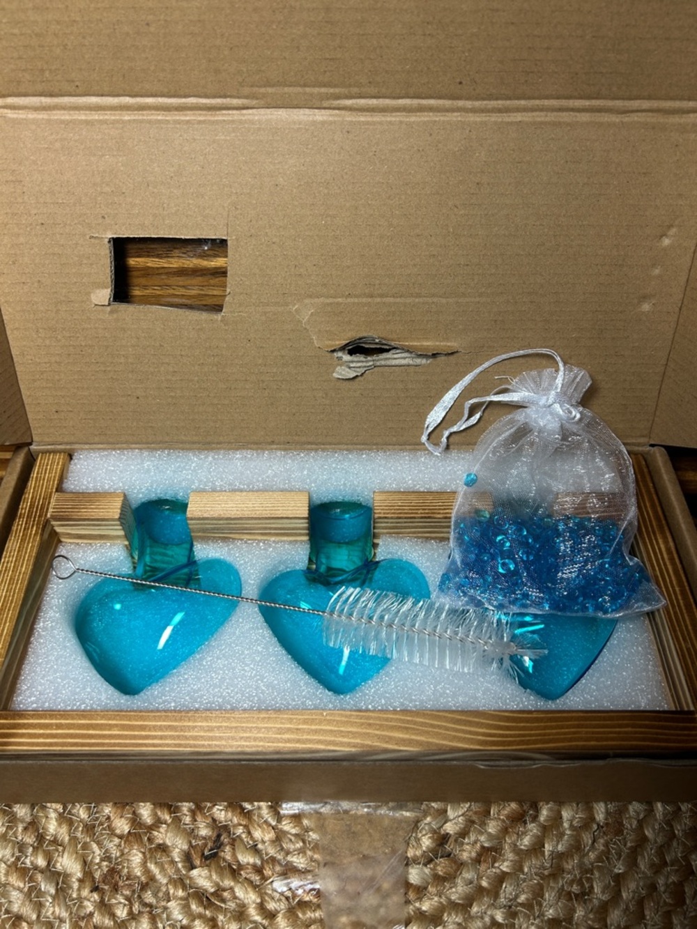 Turquoise Heart Glass Bud Vases with Wooden Frame - Set of 3 - Picture 4 of 4